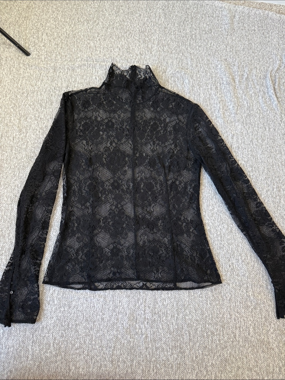 Mango Vintage Black Lace Mock Neck Long-Sleeve Top Size M